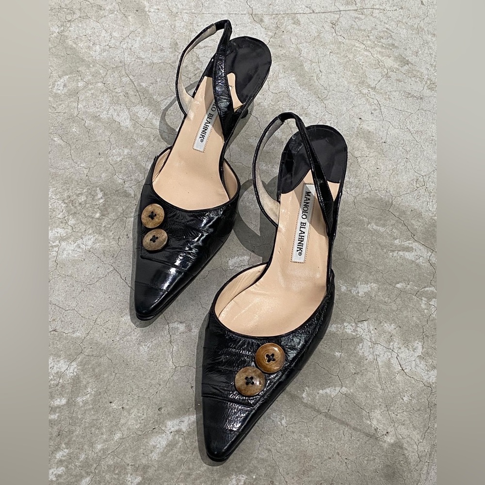 Vintage Manolo Blahnik Carolyne Eel Sling Back Kitten Heel Pointy Black 40